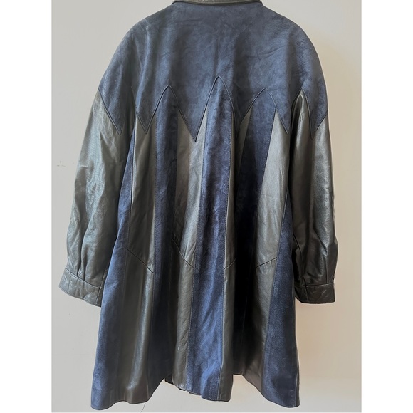 VINTAGE LEATHER SUEDE STRIPED TRENCH COAT LONG JACKET WESTERN BIKER UNISEX M L - Picture 3 of 11